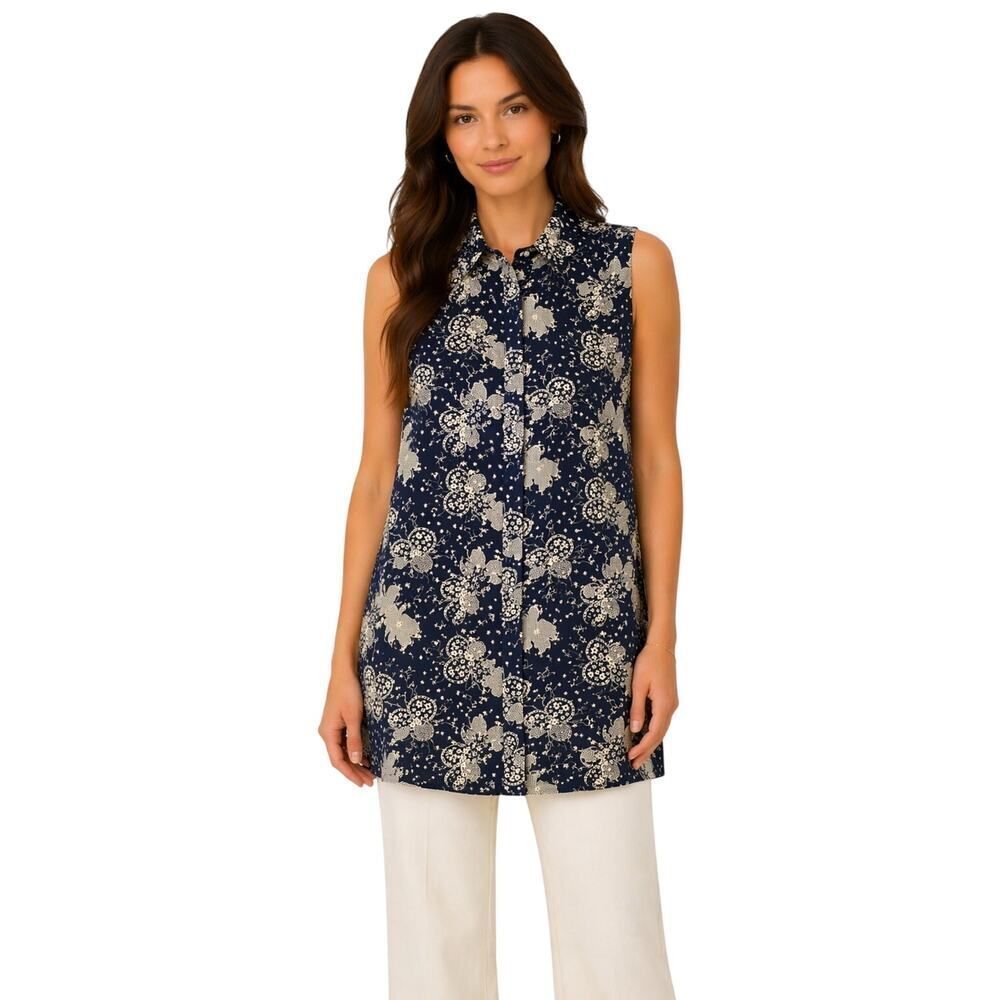 RHYTHM. Women's Allover Print Sleeveless Button Down Blouse Blue Size Medium